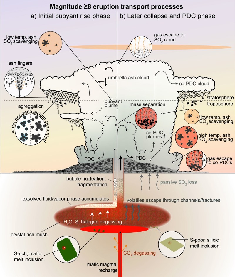 Schematic of magnitude 8 or greater eruption transport processes controlling SO2 delivery: buoyant rise phase and later collapse and pyroclastic density current phase